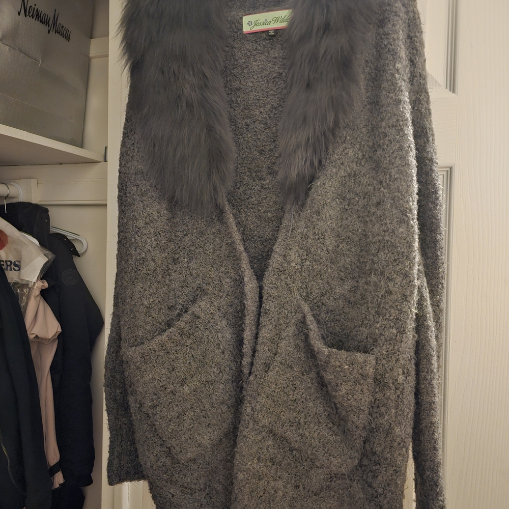 Gray Sweater with Detachable Real Fur Collar